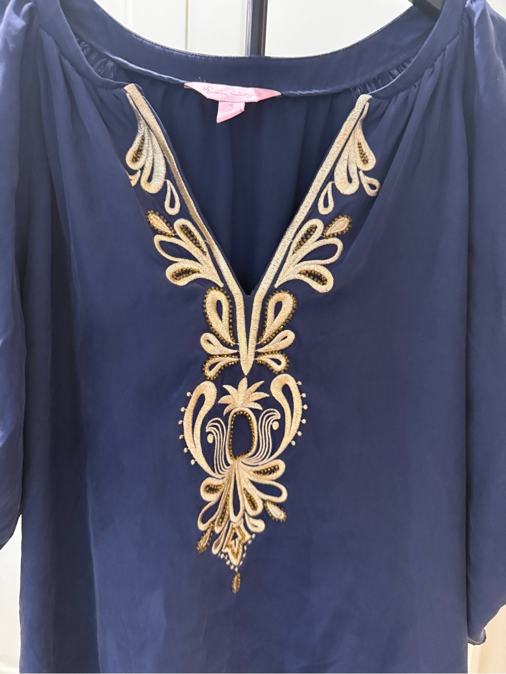 Lilly Pulitzer Navy Midi Dress with Gold Embroidered V-Neck